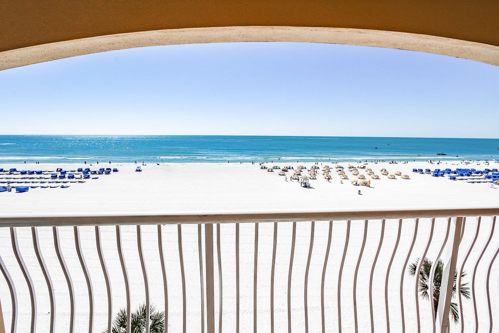 A peaceful balcony view to the beach at VRI's Coral Reef Beach Resort in St. Pete Beach, Florida.